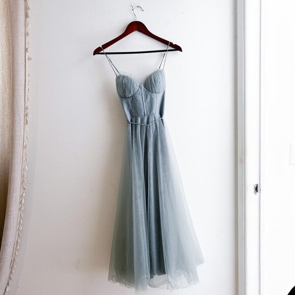 Angel Biba Smitten Sweetheart Neckline Chiffon Midi Dress in Blue Sage - Picture 3 of 8